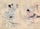 Japan: Traditional crafts and trades of the 18th century from a hand-painted album by an anonymous artist. Folio 5: Wheel maker (left), Making containers (right)